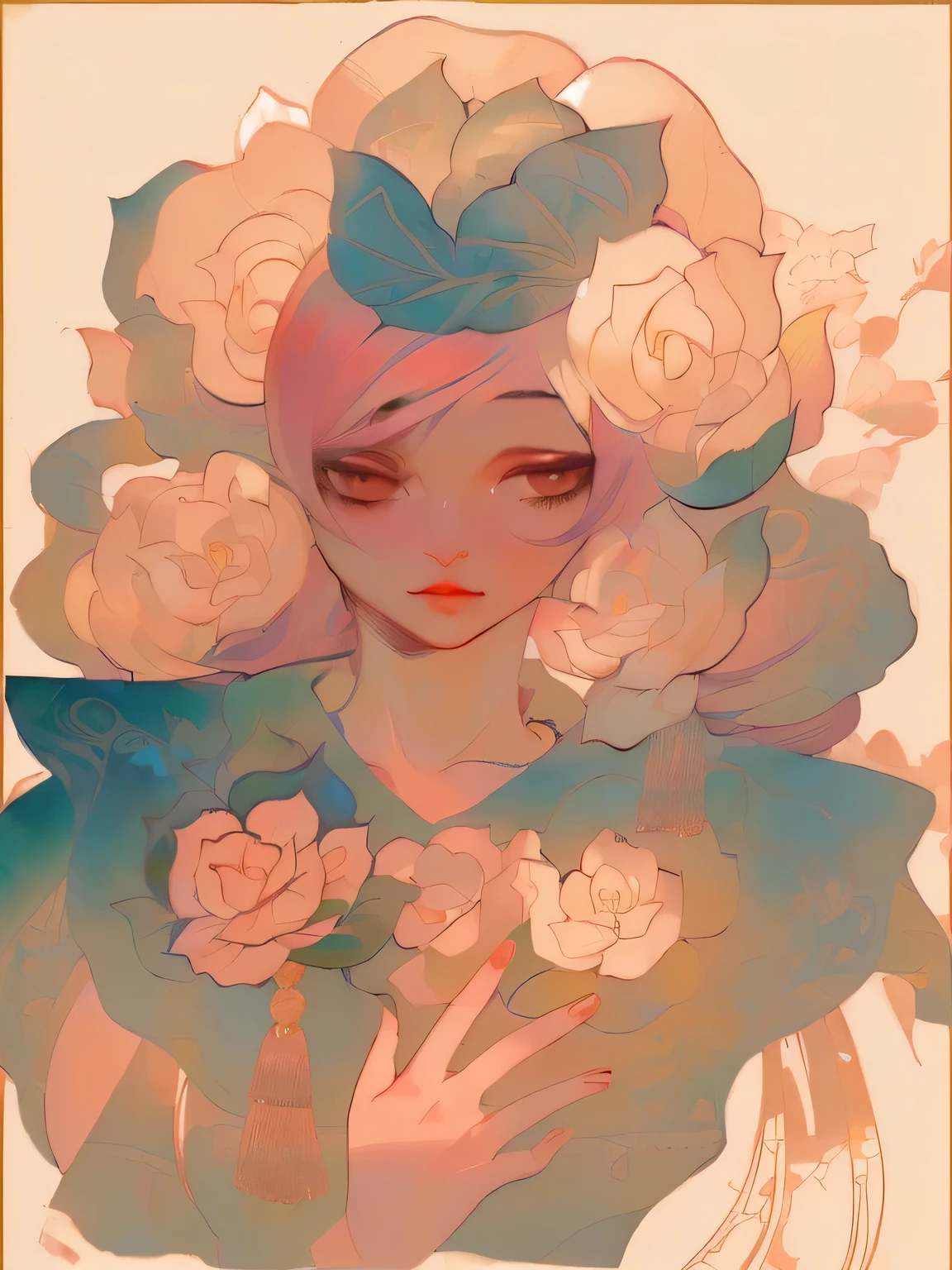 drawing of a woman with roses in her hair,((masterpiece))，((quality))，((Best quality))，((official art))，alphonse mucha ,asian Painting, hwasanchiun, j.c leyendecker, james jean, Audrey Kawasaki 