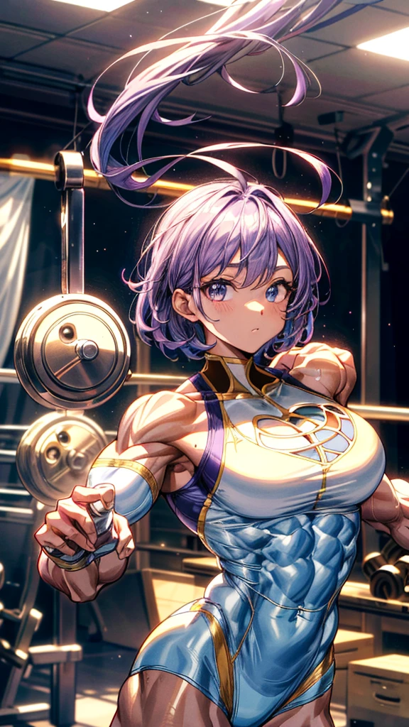 (BEST lighting) , (ultra intricately detailed) , 4K unification, (super-detailed CG: 1.2) , (8K: 1.2),(Original), (Masterpiece) , (Best quality),(Masterpiece:1.4),Anime-ish high quality,(Masterpiece),Masterpiece, Best quality, absurderes,((masterpeace, 4K, 8K, Yes, A high resolution))1girll, One man only,She is in the ballet studio,Ballet costumes, Bulging blood vessels on the arm,Spring, Boots, Perfect figure, Short purple asymmetrical hair, Sweat, ((body builder:1.5)),The strongest in the world,Practice dance studio background,(Beautiful bace),(Girl),(Female),(((Upper body:1)))