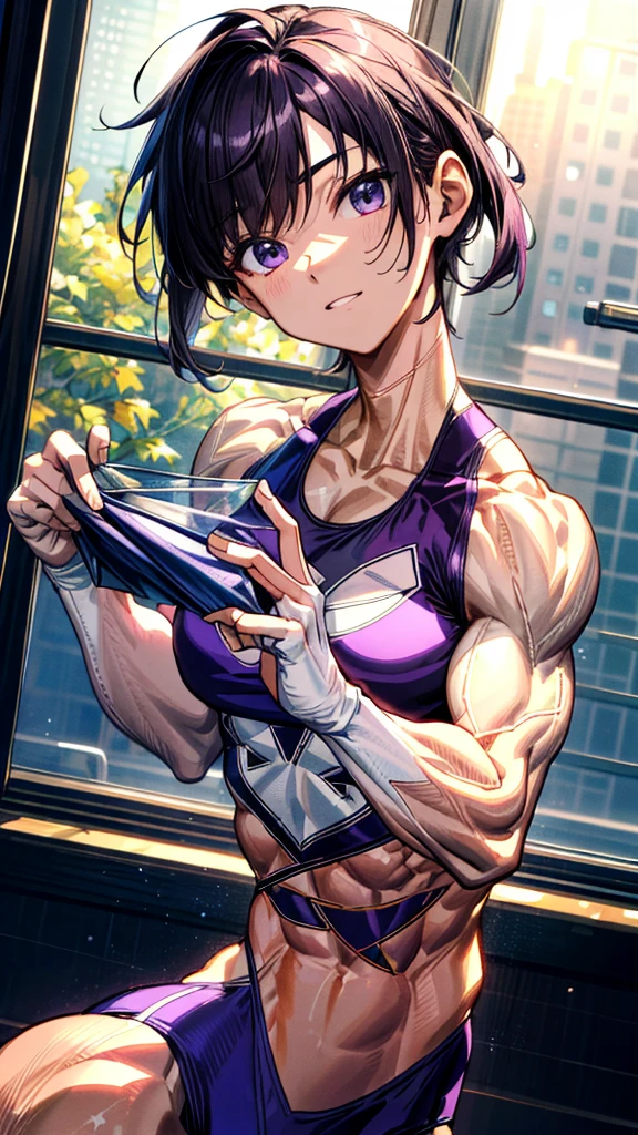 (BEST lighting) , (ultra intricately detailed) , 4K unification, (super-detailed CG: 1.2) , (8K: 1.2),(Original), (Masterpiece) , (Best quality),(Masterpiece:1.4),Anime-ish high quality,(Masterpiece),Masterpiece, Best quality, absurderes,((masterpeace, 4K, 8K, Yes, A high resolution))1girll, One man only,She is in the ballet studio,Ballet costumes, Bulging blood vessels on the arm,Spring, Boots, Perfect figure, Short purple asymmetrical hair, Sweat, ((body builder:1.5)),The strongest in the world,Practice dance studio background,(Beautiful bace),(Girl),(Female),(((Upper body:1)))