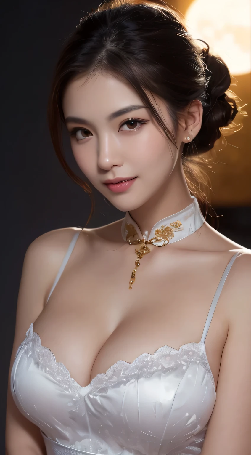 Kimono beauty, body portrait, 8K, thin and beautiful eyes, Dindal effect, masterpiece, top quality, high quality, high resolution, very detailed photo, (natural skin texture, fine skin, hyperrealism, super sharpness) , high detail skin, (very fine, fine skin texture, intricate details, beautiful face, (realistic face), realistic eyes, beautifully detailed eyes, ponytail, realistic skin, beautiful skin, surreal, Highly detailed, golden ratio, smiling eyes, ((night moonlight background) ), body portrait, oily skin, shiny skin, shiny skin with oil, ???????????, ????????????, ???????????, ?????? body, glamorous, cheongsam , cleavage, all wet