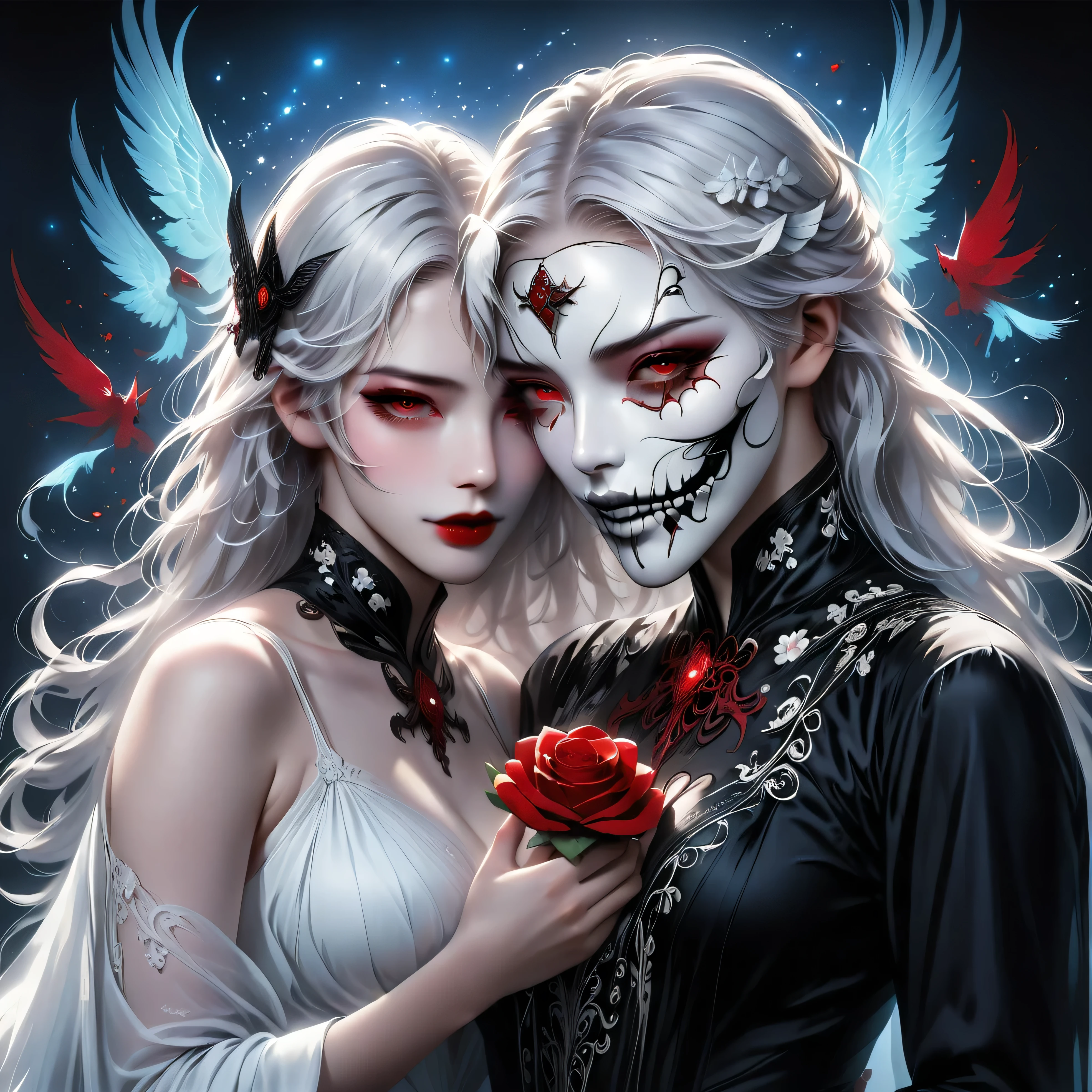 (Hand holding mask:1.5),(White-haired ghost,Straight Hair,Red Eyes),(Gothic art),(Fear:1.5),(Correct human anatomy:1.37)