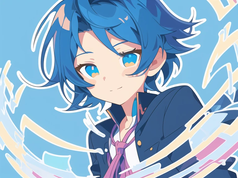 (Flat design,Super cute boy:1.0125),(Polychromatic,vector art,outline,:1.3401), (best quality), (masterpiece), Very detailed, Exquisite rendering, (high resolution), The original, night,, (Close shot), (a boy:1.3) play games, (blue hair), (Beautiful and delicate eyes), (Brown eyes), Floating Notes