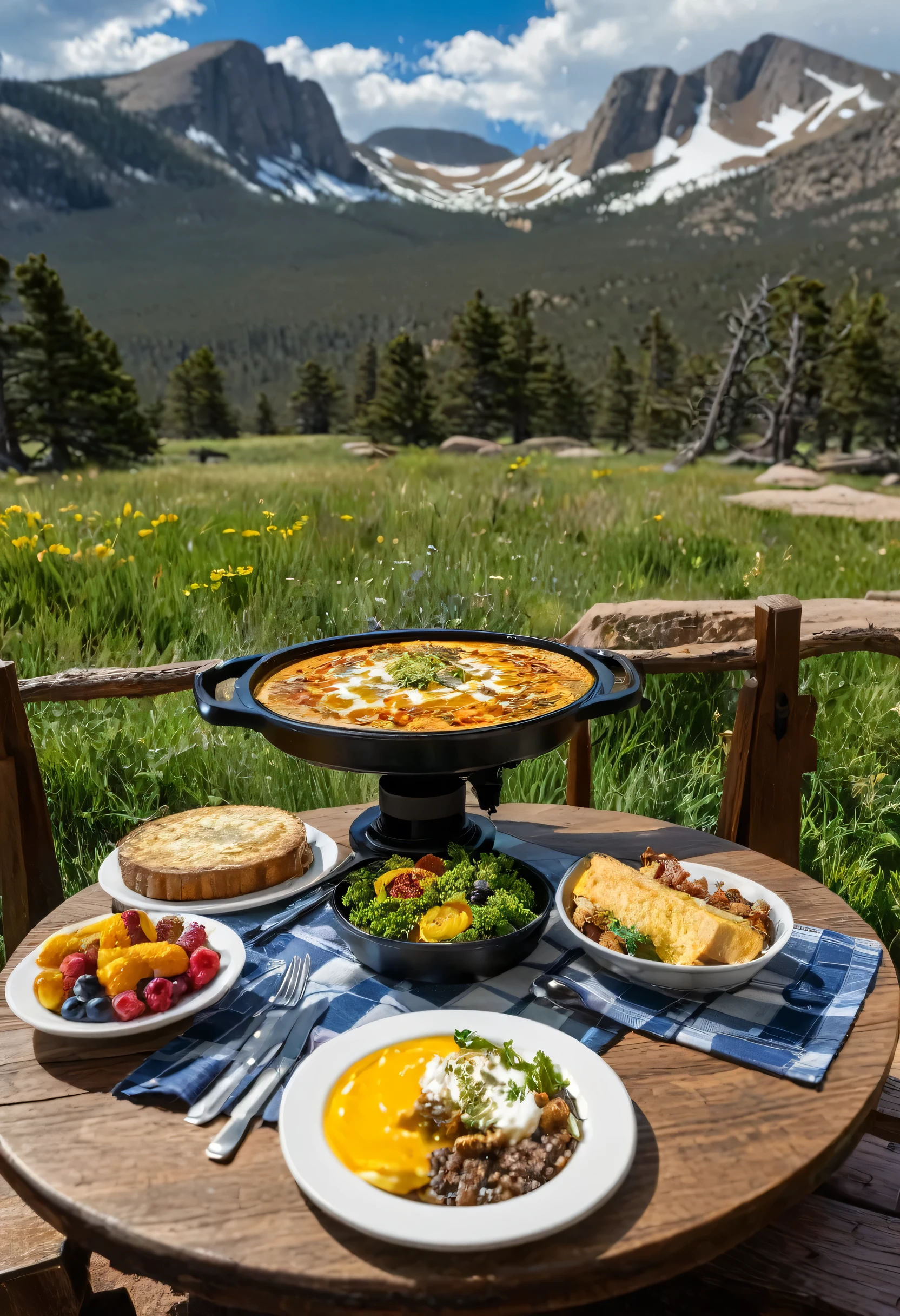 best quality, masterpiece, tables with food ,Rocky Mountain National Park, realistic, 8k, dlsr