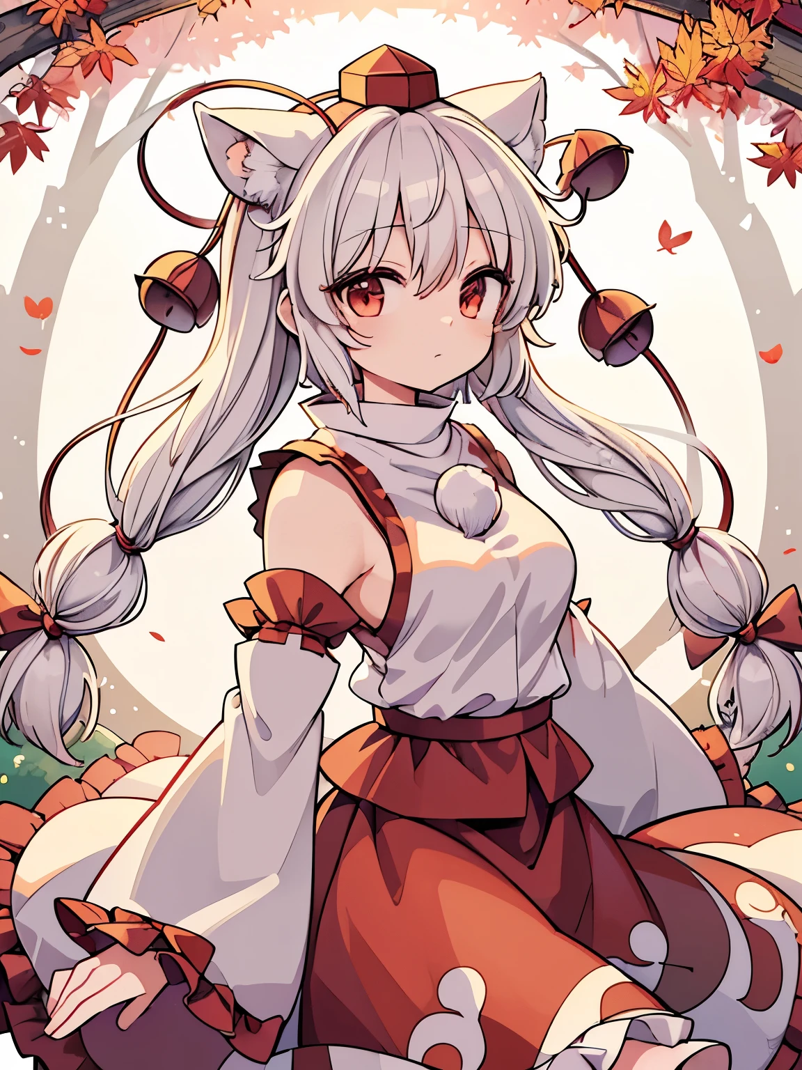 masterpiece, best quality, extremely detailed, anime,(((touhou project))),(((Inubashiri Momiji))),(very long hair),((twin tail hairstyle)),white hair,white wolf ear,shyness,