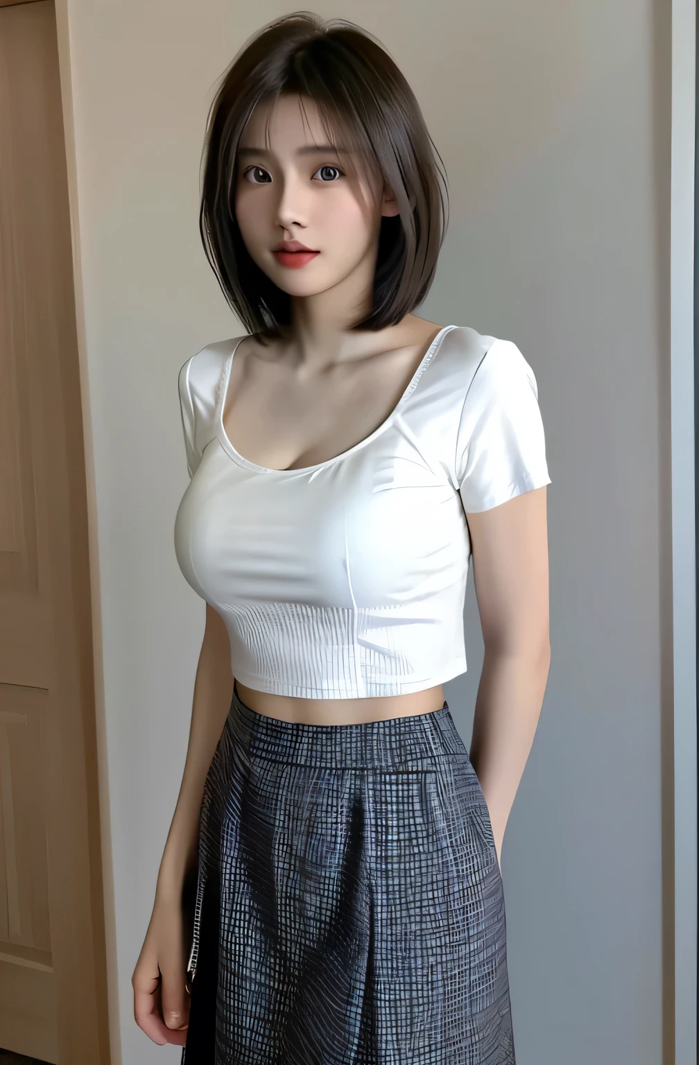 (8K, photoreal, raw photo, highest quality: 1.3), (1 girl), super beautiful, culotte skirt and white shirt, bra visible from the shirt (realistic face), (boyish, very short hair), beautiful , brilliance that captivates the viewer, beautiful facial expressions, beautiful breasts, (realistic skin), Be...