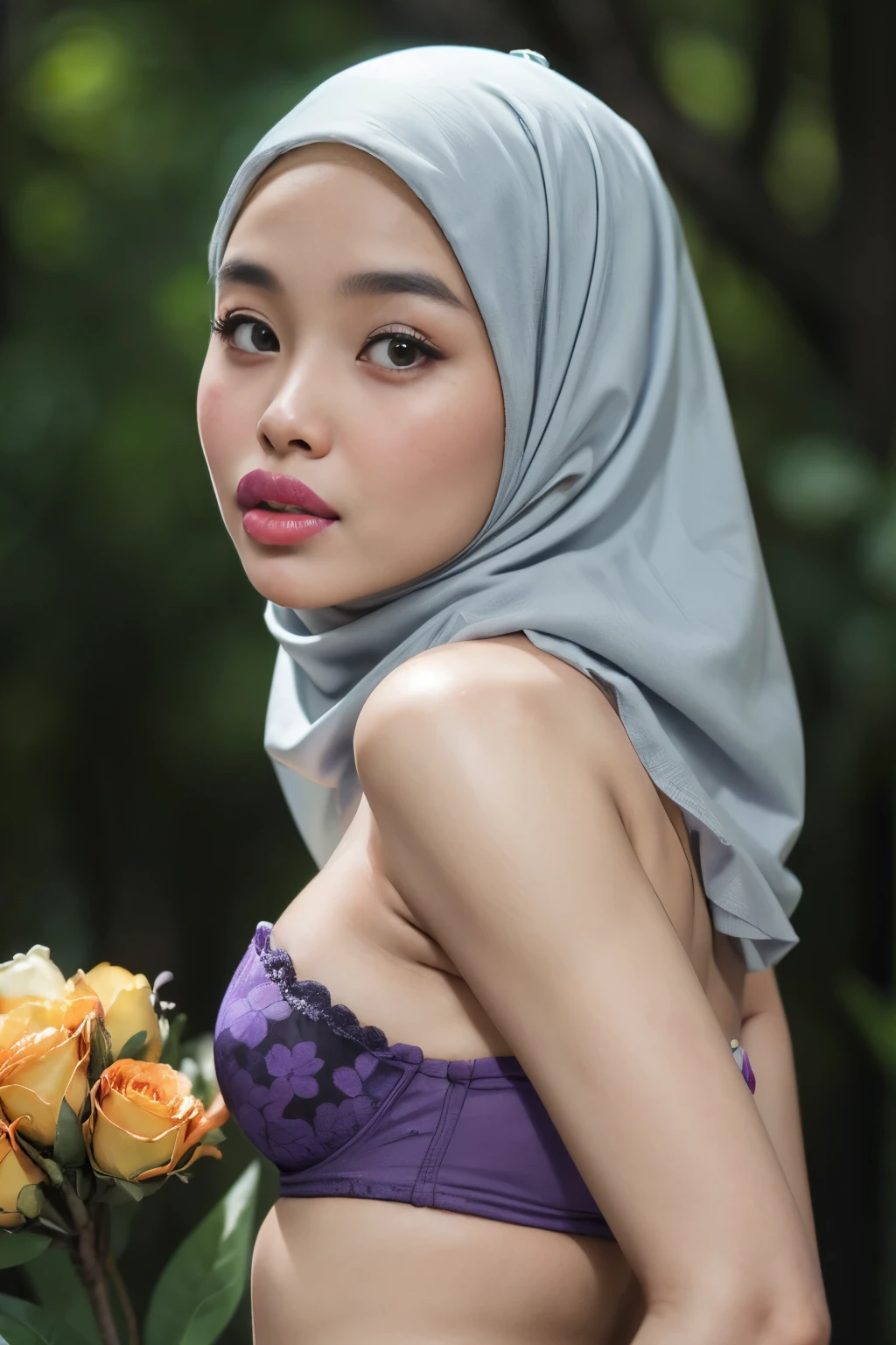 ((thick lips:1.7)), Lace, (Happy smile), (((HIJAB MALAY GIRL))), masutepiece, High quality, UHD 32K, Realistic face, Realistic skin feeling , A Japanese Lady, 8 , , Very cute and baby-like face, (((FLAT CHEST))), (Night time at forest), ((look In front at the camera and SADNESS)), (((FLUORESCENCE))), (((CUTE GIRL))), ((PURPLE & YELLOW LIPS)), ((Floral Pattern)) little wearing strapless bra, strapless colorful bra, dark night horror scary place (from behind up) seductive pose