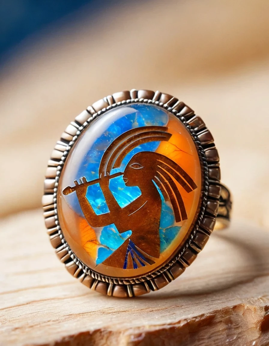 Kokopelli, the god of rain playing the flute, a minimalist ring design，The body is an oval double opal stone，Indian totem rain god Kokopelli，Indian elements，The matching stones are small amounts of lapis lazuli and turquoise，Coffee color，Orange，Clams，feather，gem，Retro，Old，Soft Light