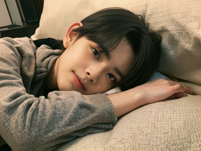 ((4K works)),​ Japanese cute boy , masterpiece, top-quality,((high-level image quality)),((One Manly Boy)),Slim body,((Stylish black hoodie)),(Detailed beautiful eyes),Stylish bedroom, Selfie with head on pillow,((short hair above the ears)),((Smaller face)),((Neutral face)),((Light brown eyes)),((18year old)),((Handsome man)),((Wild look)),((elongated and sharp eyes)),((Happy dating)),((Lying on the futon with your head on the pillow)),((Shooting from the side)),((He gives the viewer an arm pillow)),((Only the upper part of the body is visible)),((He sleeps next to the viewer)), bare arm, naked