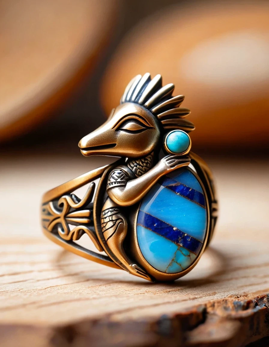 Kokopelli, the god of rain playing the flute, a minimalist ring design，The body is an oval opal stone，Indian totem rain god Kokopelli，Indian elements，The matching stones are small amounts of lapis lazuli and turquoise，Coffee color，Orange，Clams，feather，gem，Retro，Old，Soft Light