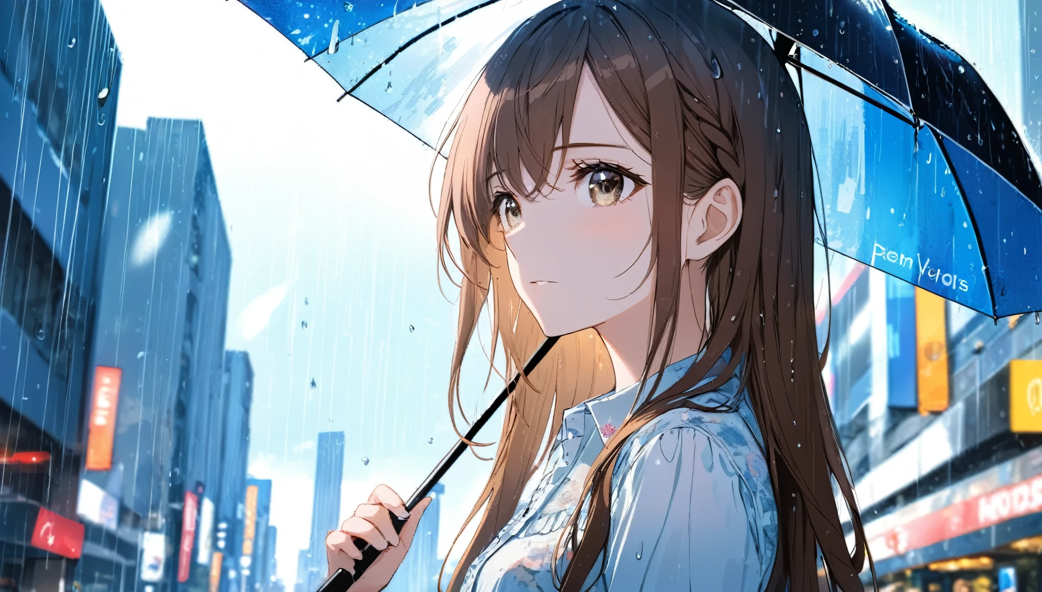 One girl,Holding an umbrella, When you look to the side,  Depth of written boundary, Long Hair, French Braid, Straight hair, Portraiture, Modern City, blouse, Brown Hair, look up, rain, raindrop, Lens flare, sunlight, eyeliner, eye shadow, masterpiece, highest quality