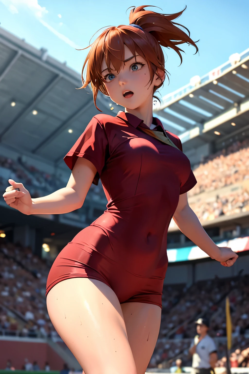 Girl's yell leader, male , school cap, red sash, in the stadium stands, black , sweat, whole body moving, dynamic movement, hard-working expression, masterpiece, looking at the viewer