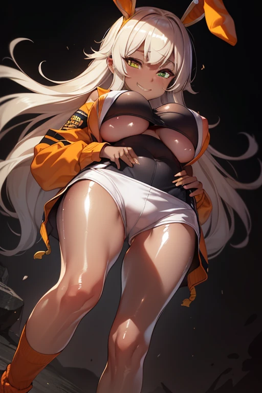 Shot from below、Standing with your legs apart、Standing with feet shoulder-width apart、Cute girl、highest quality、Ultra - High resolution、High resolution、Highly detailed CG、8k unit wallpaper、18-year-old、Careful and gentle eyes,Delicate and beautiful smile、Platinum Blonde Hair、Asymmetrical Hair、((( Dark Skin:1.5)))、(Shiny body,:1.5)、rabbit ears、(((loose socks、big breasts))) 、(Orange motocross jacket with green details, Biker clothes. Detailed design)Double Peace 、Shorts