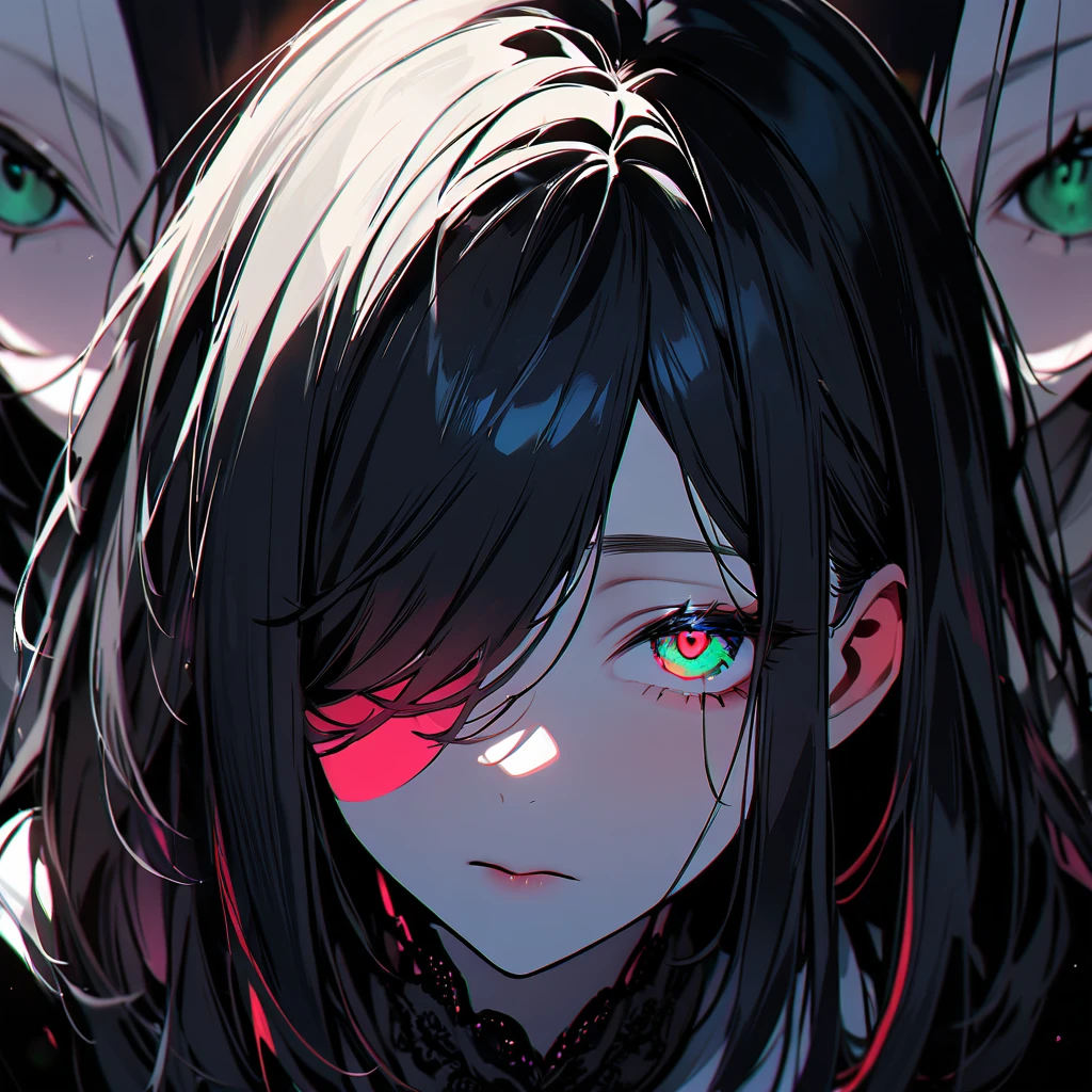 girl,Portraiture,masterpiece,highest quality,so beautiful,Absurd,Alternative color,chromatic aberration,Inner hair color, High Contrast, Marble Eyes, Dark,Hair on one eye,Hair between the eyes,Kneel,Darkness and light,Straight Hair,One Eye,Thin Hair