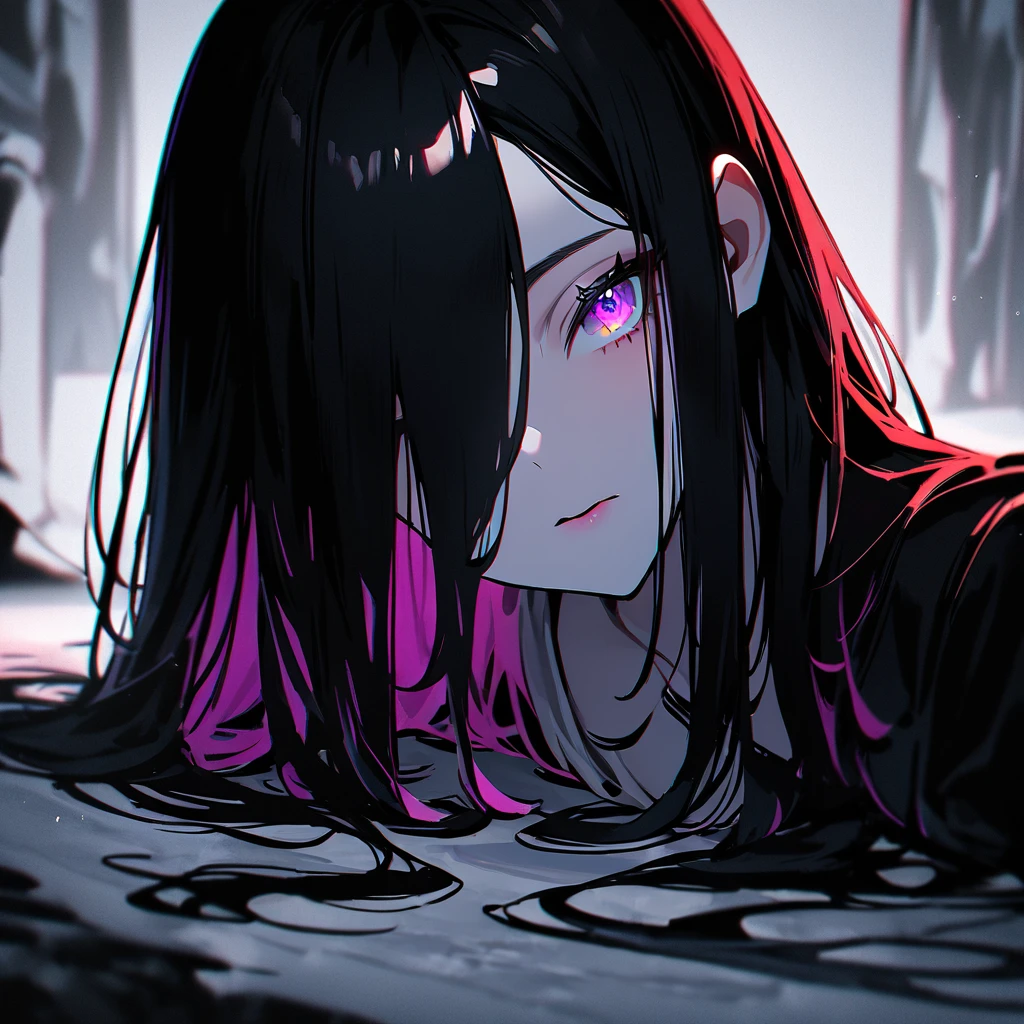 girl,Portraiture,masterpiece,highest quality,so beautiful,Absurd,Alternative color,chromatic aberration,Inner hair color, High Contrast, Marble Eyes, Dark,Hair on one eye,Hair between the eyes,Kneel,Darkness and light,Straight Hair,One Eye,Thin Hair