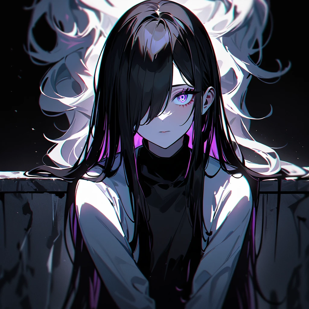 girl,Portraiture,masterpiece,highest quality,so beautiful,Absurd,Alternative color,chromatic aberration,Inner hair color, High Contrast, Marble Eyes, Dark,Hair on one eye,Hair between the eyes,Kneel,Darkness and light,Straight Hair,One Eye,Thin Hair