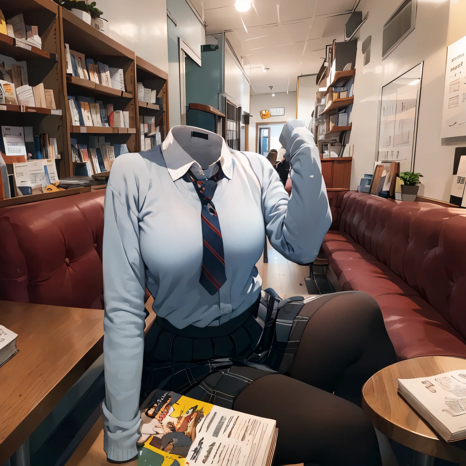 sweater, in cafe, sitting on seat, reading books, plaid skirt, stripe tie, cute big breasts, (invisible, no human, headless, handless:1.5)