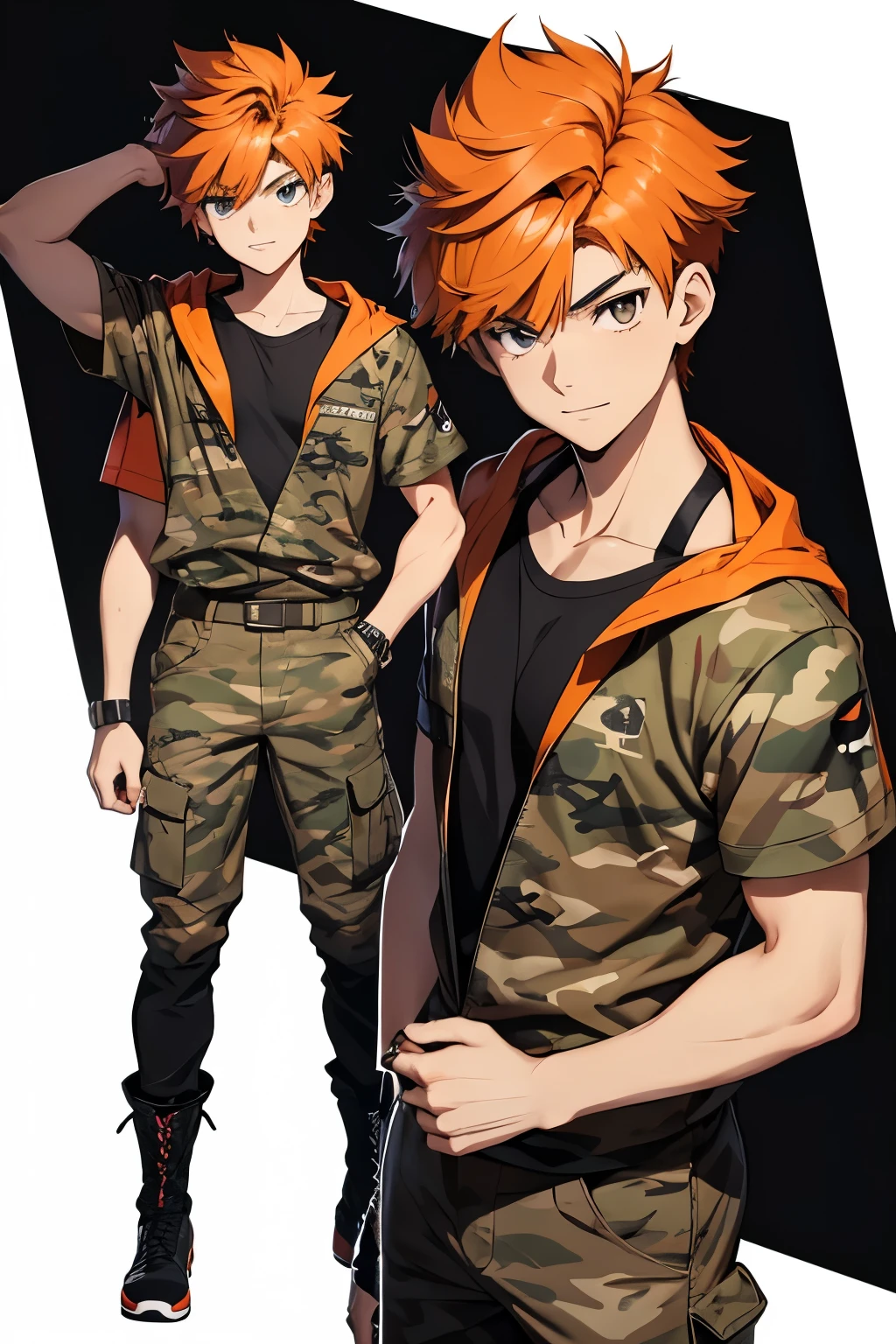 Pokemon anime style. A young male teen (14 years old) with orange hair (military haircut) and brown eyes looking to the screen with a carefree smile, (handsome) Solo, 1 teen, male, a pokemon trainer, he is a young man of average height who appears to have a slim build, but in reality has a muscular physique (muscles toned). He wears a simple black t-shirt and camouflage pattern pants and brown boots. City background, black red and white outfit colour scheme. Anime. Anime. Anime.