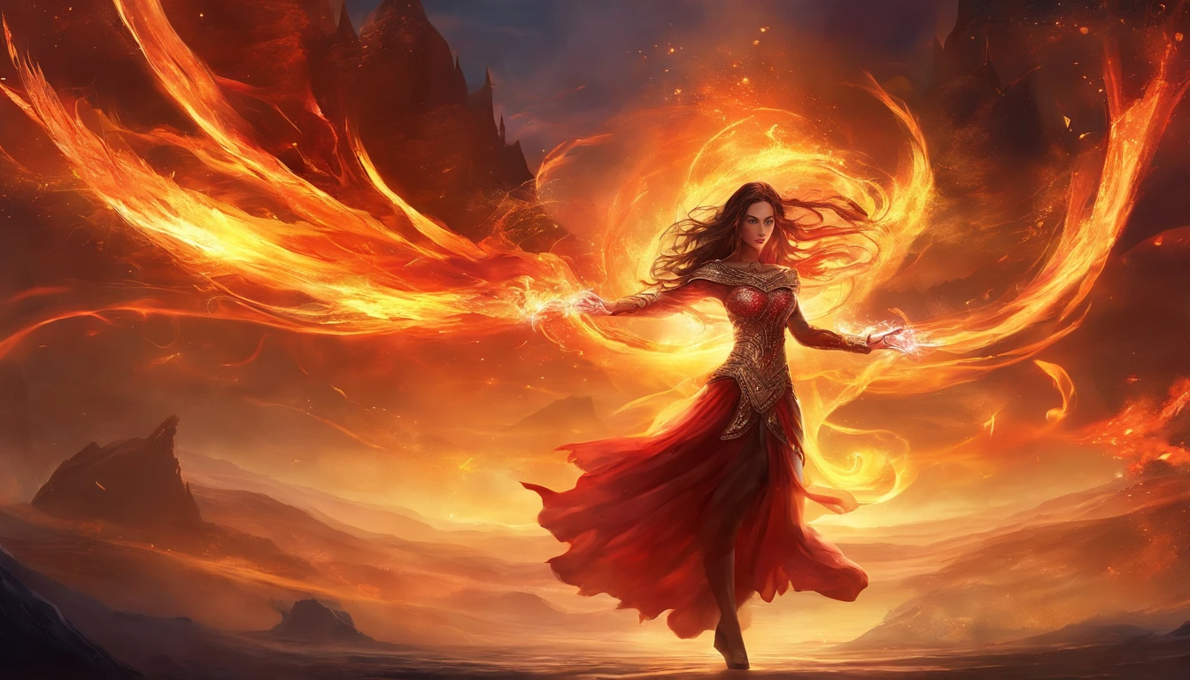 Indonesian girl playing with fire, burning passionately, glowing embers, smoky, mesmerizing movements, flowing red hair, sparks flying, fearless expression, dark background, strong lighting, fiery atmosphere, dynamic pose, dangerous Beauty, captivating energy, burning passion, thrilling suspense, scorching heat, scorching fire, stark contrasts, smoky veil, blazing light, enchanting dance, powerful presence, shimmering shadows, fiery artwork, vibrant colors , blazing inferno, hypnotic flames, daring adventure, her eyes gleam with dazzling light, heat wave, glowing emberfall, exhilarating performance, night sparkle, adrenaline, radiant warmth, stunning Spectacle, raw intensity, burning passion.,glitter