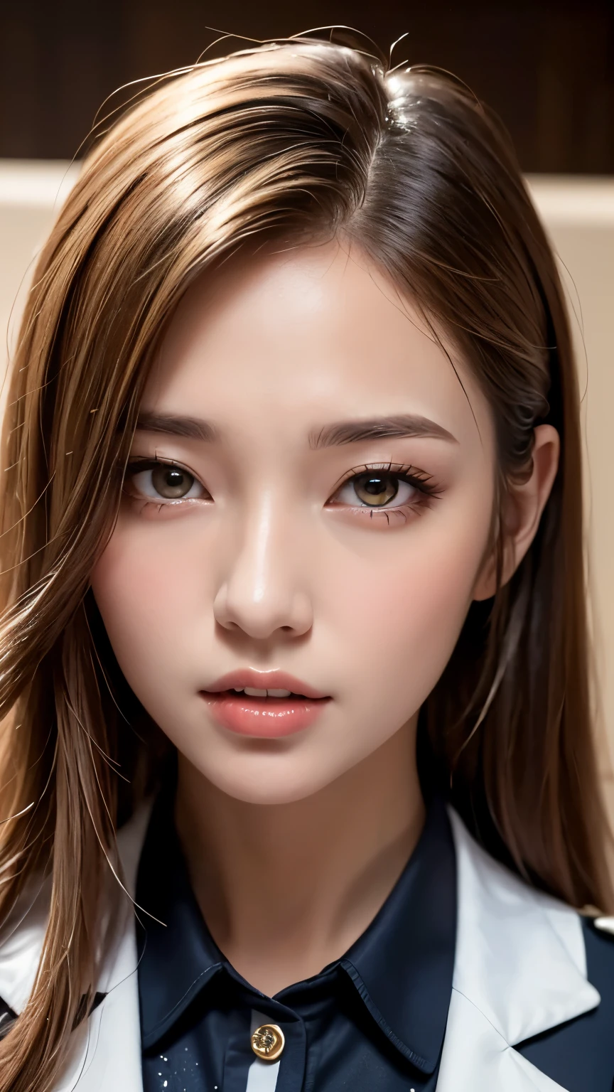 (highest quality,4K,masterpiece:1.2),Beautiful woman,1 girl,sexy:1.1,Dark yellow hair:1.1,Female ,Soaked uniform,Highly detailed face,Detailed lips,Beautiful Eyes,double eyelid,Miniskirt White Stockings,stand up,(head shot:1.5)