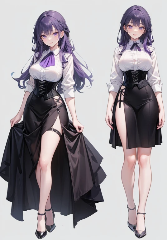 Purple hair,Long hair,Adult female,Bartender,((Body harness)),((Rolling up your sleeves shirt)),(Corset),(skirt),(slit),High heels,((Simple background)),Smile,((Full body)),((whole body)),Character Sheet,