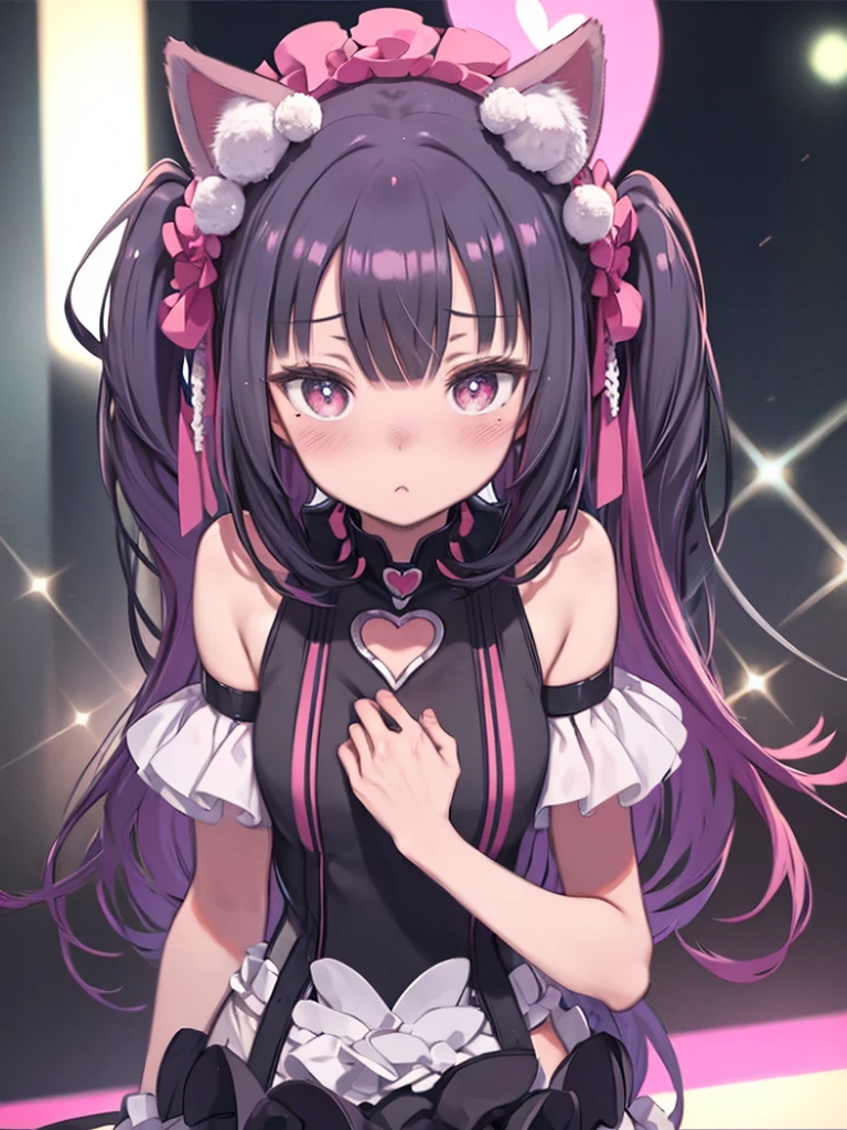Anime girl with pink hair and black cat ears、Striped Hair,Pink twin tail hair, Mole under the eye, Mole under the mouth, Heart-shaped pupils, Long eyelashes, Pink Eyes, Heart-shaped choker、Whole Body Ezbian、Staring at the audience、shy, blush, nose blush,Anime Style, Color Field Painting, Ray Tracing, bloom, First Person View, Hmph, Awards, 16K, 最high quality, Attention to detail, high quality, Tabletop, High resolution, Accurate, Super Detail、