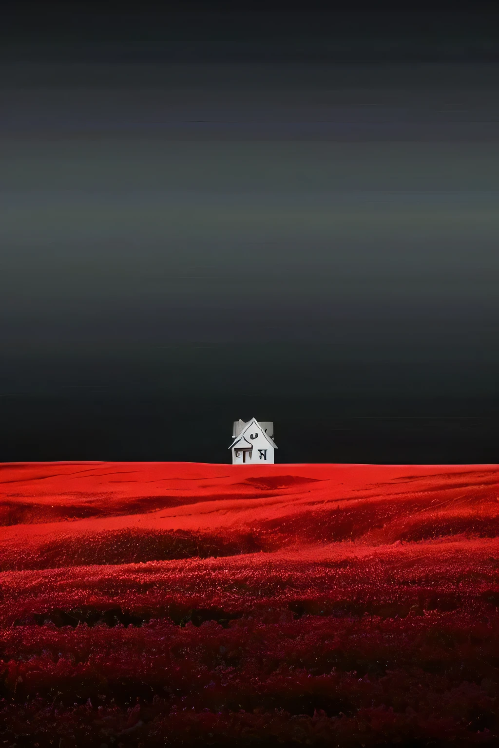 A  house in the safflower field,(Little White House) In a red dream world, beautiful dark landscape, Red hue, red mood in background, Red selective coloring, Very red color, Bright but dull red, A glimpse of red, Bright red, author：Chris Fryer, Inspired by Phil Koch,  landscape, Red horizon, breathtaking composition, Beautiful dark color