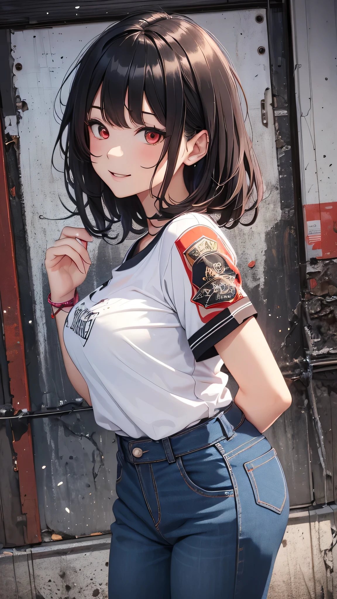最high quality、Best image quality、masterpiece、girl((18-year-old、 By becoming、Best Bust、Medium Bust,Wide open breast tea、Red glowing eyes,Black Hair、Red Mesh、Disheveled Hair、Lointail、thin,The highest valley、Open chest、Luminous Wristbands、hair ornaments、Show the whole body,Black short sleeve T-shirt、Wear a shoulder bag、Short denim trousers、Leaning forward、smile、Disheveled,Hands on hips、turn around)),high quality、Beautiful art、background((Beautiful sun、sunlight、Urban facilities、squirt))、Flight、Flying debris、Written boundary depth、movie、Visual Arts、Perfect art、8K,Genuine,