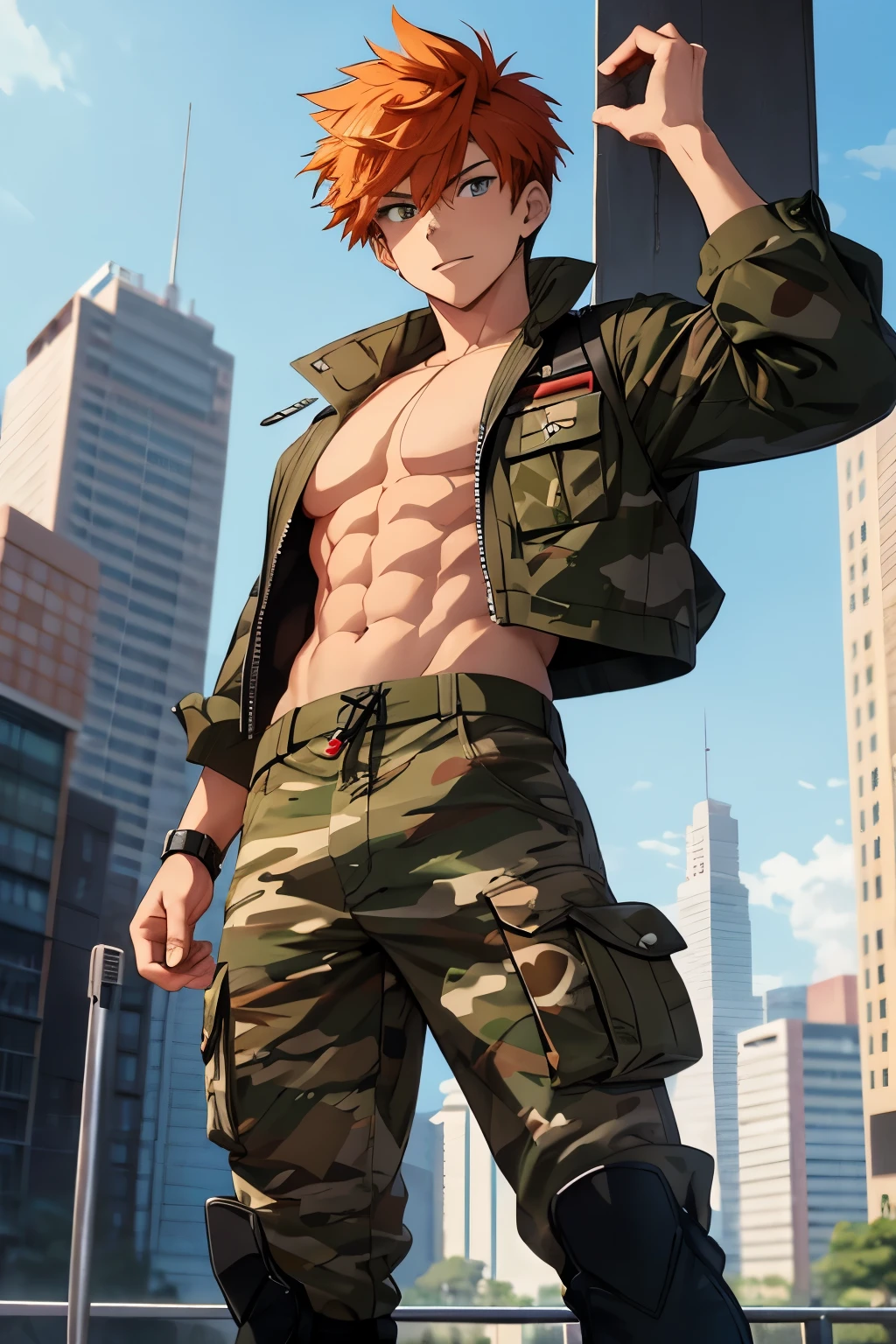Pokemon anime style. A young male (14 yth orange hair (military haircut) and brown eyes looking to the screen with a carefree smile, (handsome) Solo, 1 teen, male, a pon trainer, he is a young man of average height who appears to have a slim build, but in reality has a muscular physique (muscles toned). He wears a simple camouflage pattern pants and brown boots. Shirtless, topless. City background, black red and white outfit colour scheme. Anime. Anime. Anime.
