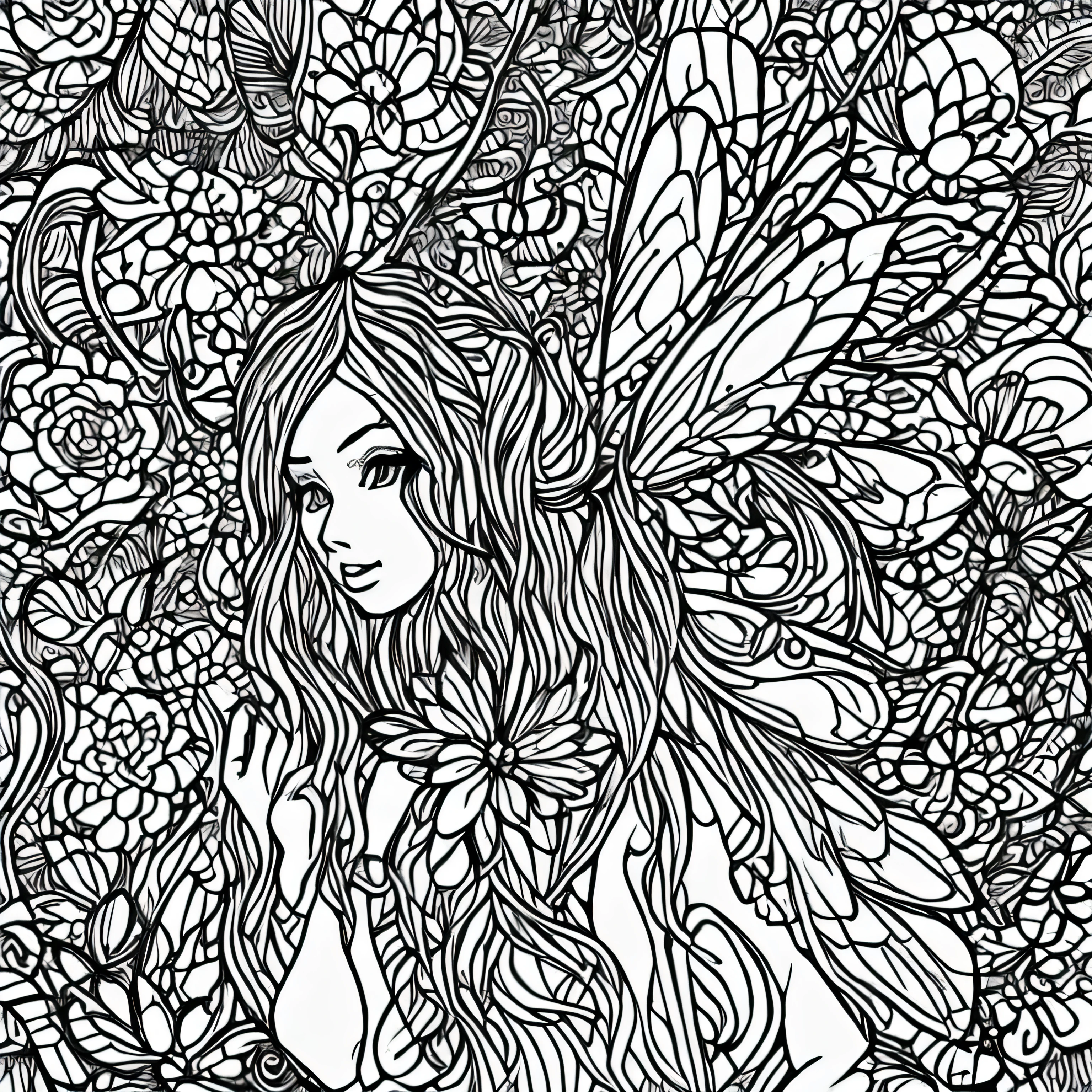 a black and white drawing of a fairy sitting on a flower, beautiful adult fairy, space flower fairy, beautiful adult fairy queen, clean coloring book page, exquisite line art, coloring book outline, line art illustration, beautiful adult book fairy, beautiful fairy, magical fairy floating in space, brunette fairy woman stretching, coloring book page, coloring book style, detailed intricate illustration