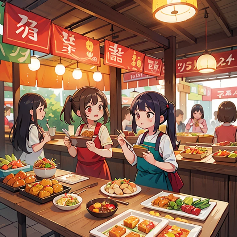 Girls on a foodie journey at Thai food stalls