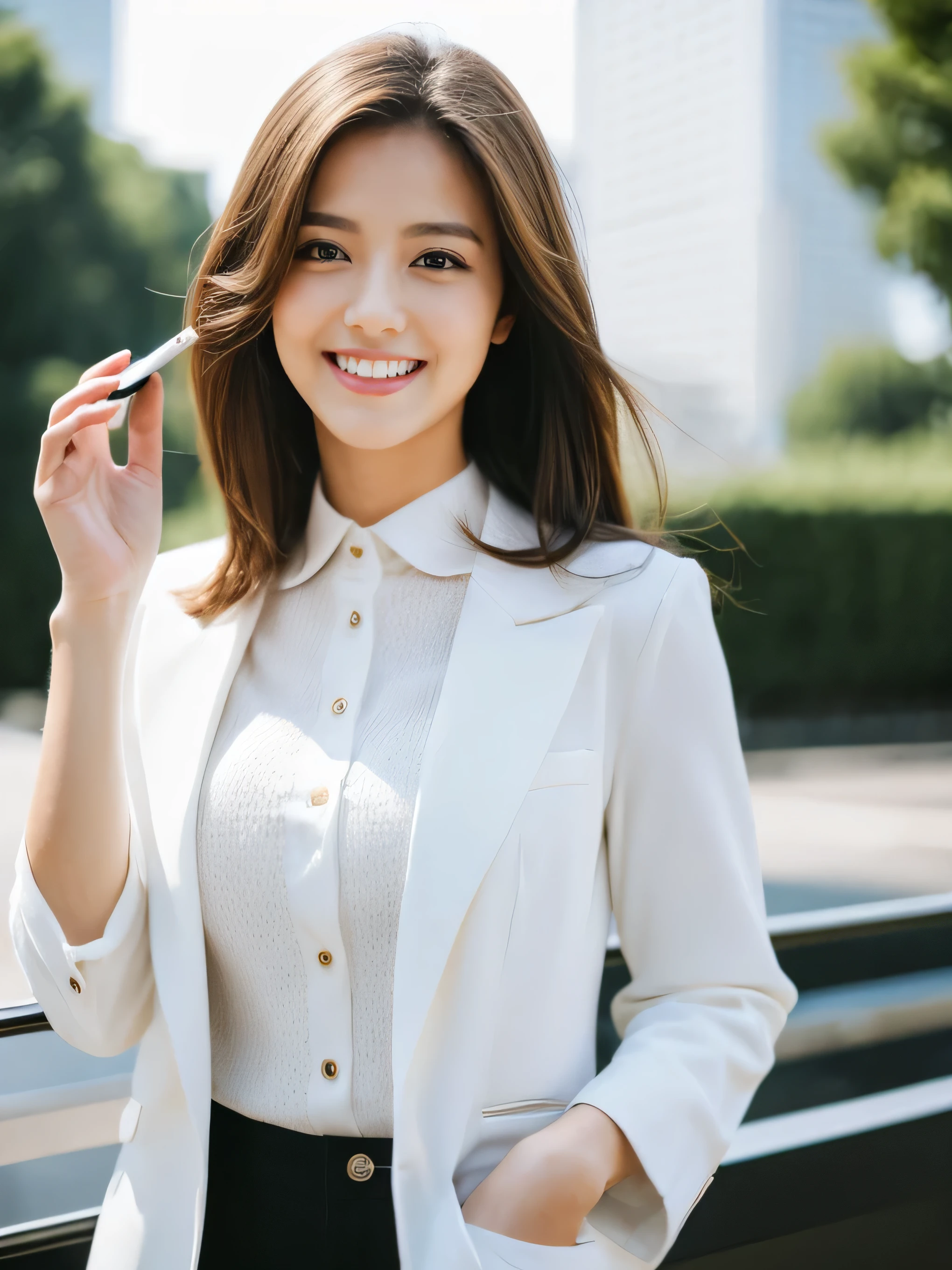 ((highest quality, 8k, masterpiece: 1.3)), 1 girl, smile, whole body, Slim face, Beautiful woman, Medium dark brown hair, White crisp shirt at upper body, The upper body is black straight suit pants, High heels, Highly detailed face, Fine grain, double eyelid, Blurred Background, Slim face, skyscraper, West Shot,holding a cigarette,cool,shortcut, casual,Heavy smoker,
