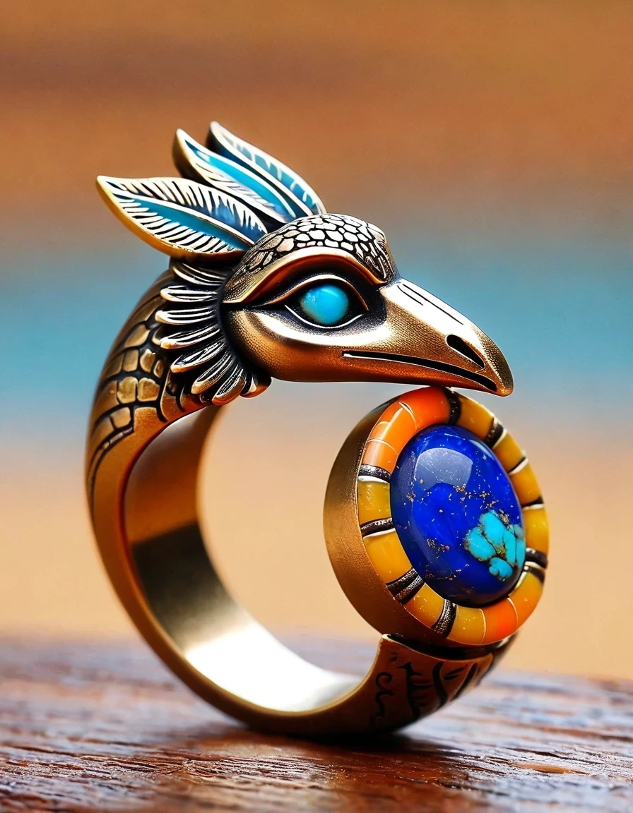 Kokopelli, the rain god playing the flute, holds an oval double opal stone in a minimalist ring design，Indian elements，The matching stones are small amounts of lapis lazuli and turquoise，Coffee color，Orange，Clams，feather，gem，Retro，Old，Soft Light