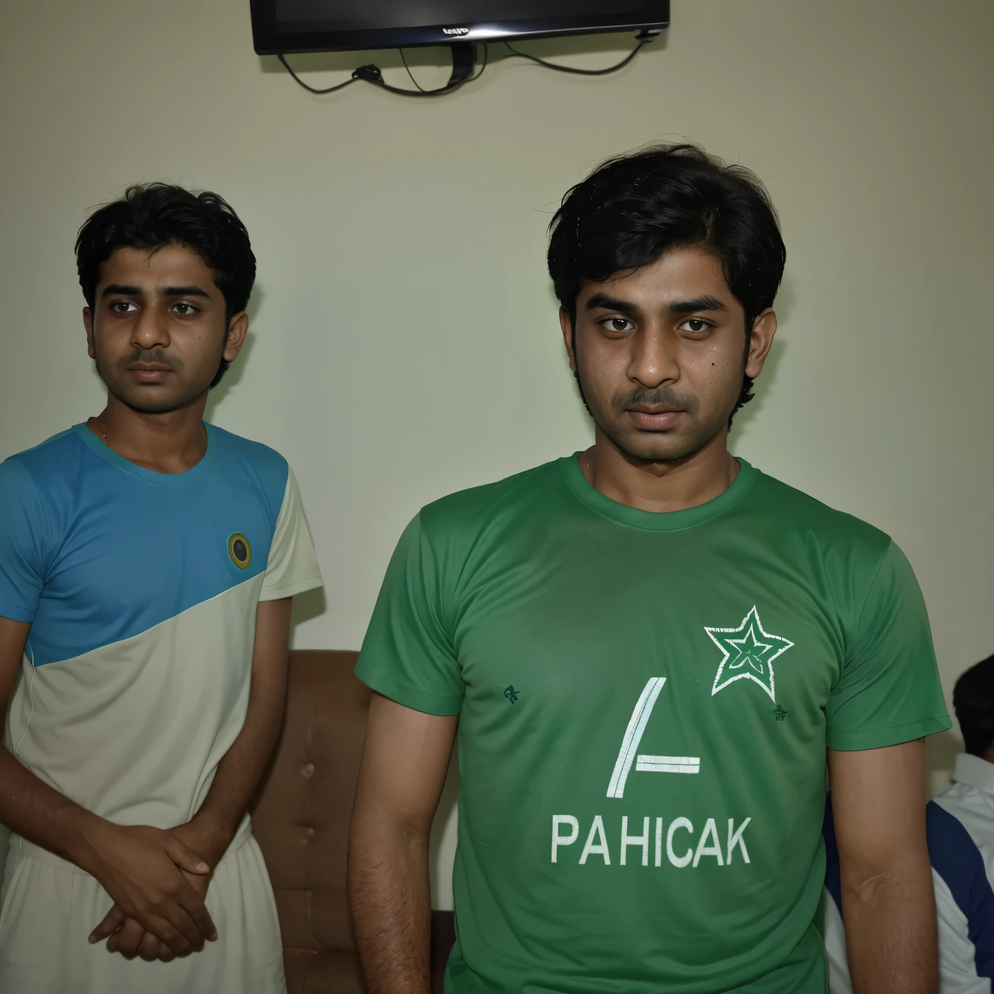 A boy watching a of pak vs India match on tv wearing a t shirt green and name on t shirt written back side is Baloch with number of eight