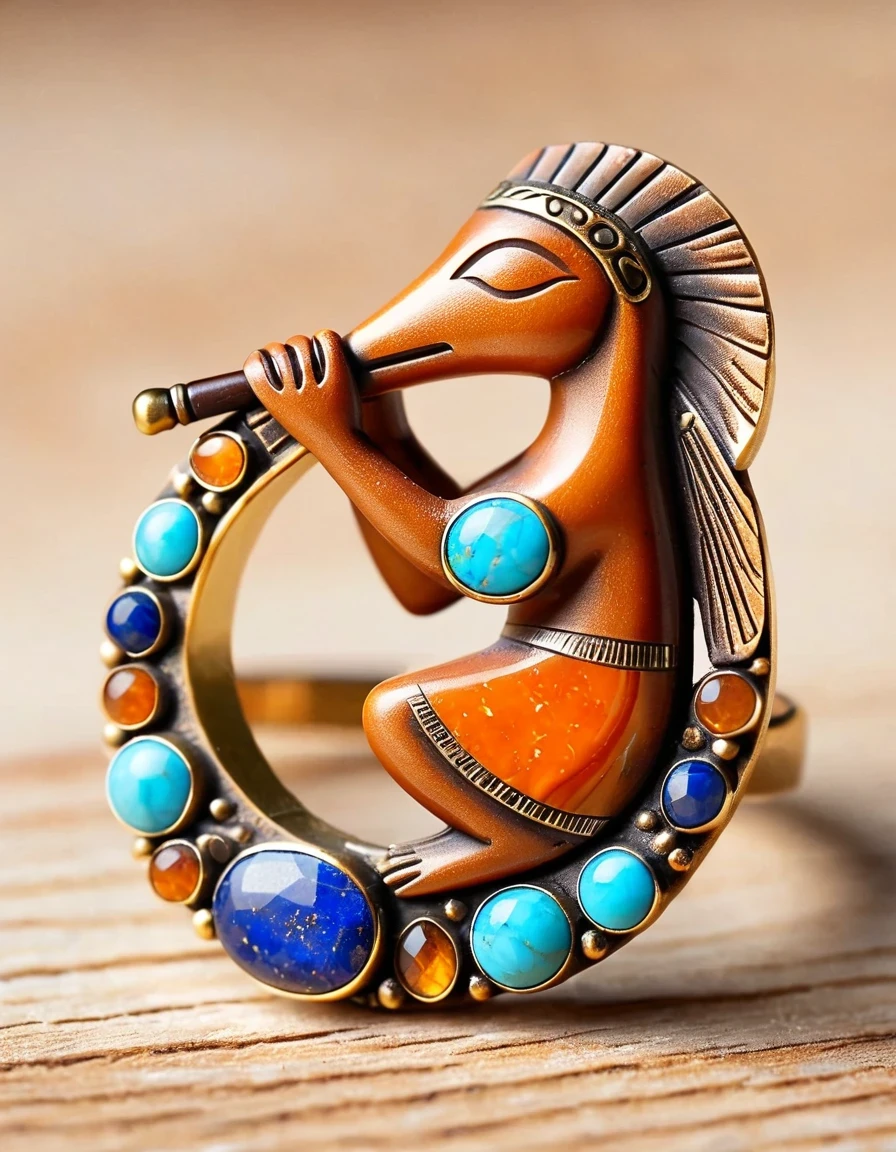 Kokopelli, the god of rain playing the flute, a minimalist ring design，The body is an oval opal stone，Indian totem rain god Kokopelli，Indian elements，The matching stones are small amounts of lapis lazuli and turquoise，Coffee color，Orange，Clams，feather，gem，Retro，Old，Soft Light