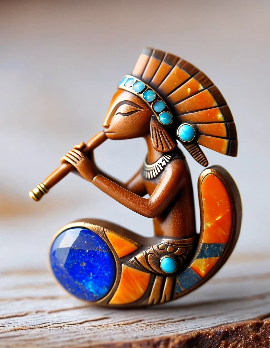 Kokopelli, the rain god playing the flute, holds an oval double opal stone in a minimalist ring design，Indian elements，The matching stones are small amounts of lapis lazuli and turquoise，Coffee color，Orange，Clams，feather，gem，Retro，Old，Soft Light