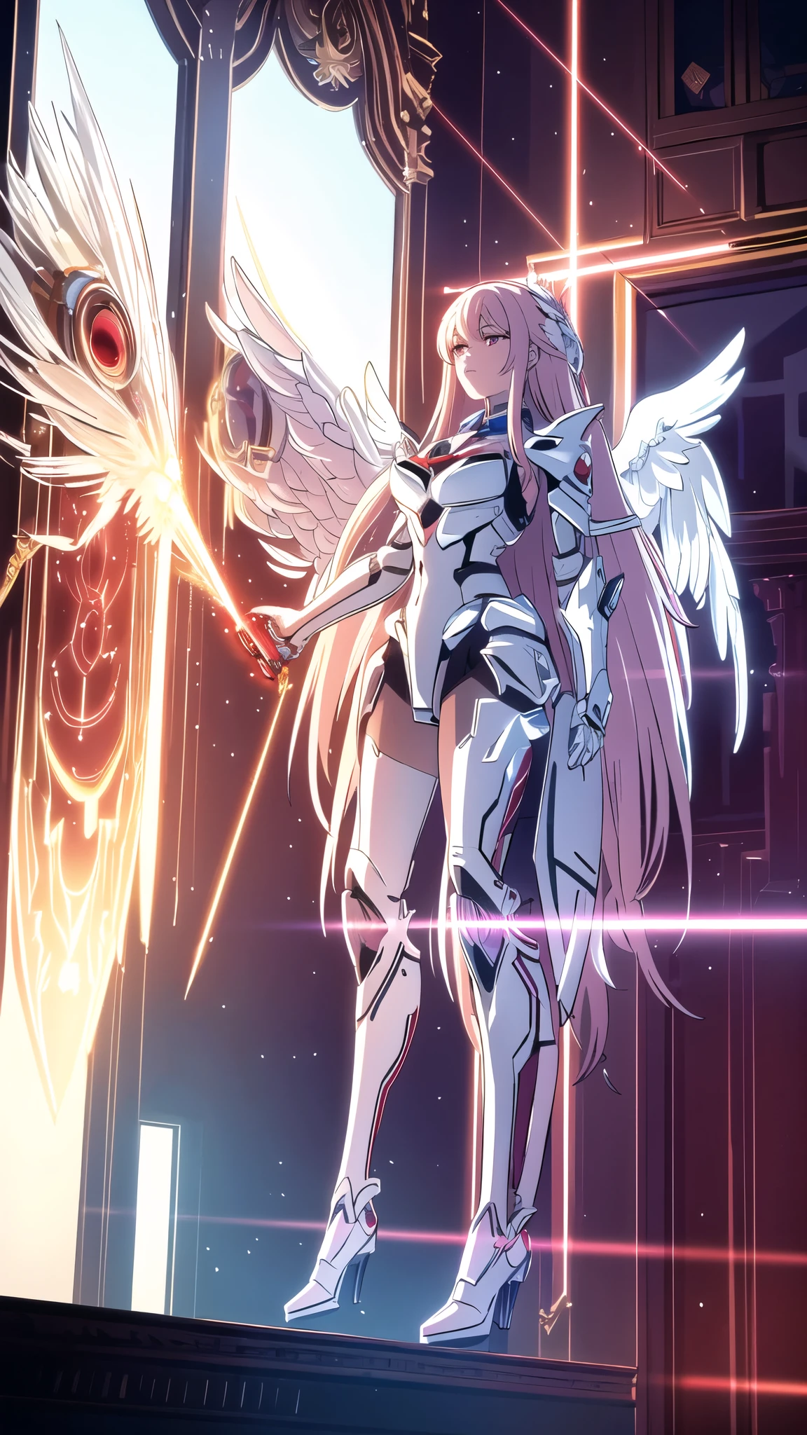 a beauty girl,red color mecha,As graceful as a swan,Enchanting,long white hair,Red body,fluorescent line,White hands,Lab Room,future-tech,Red indicator light on the body,Full body photo,standing on your feet,dreamy scenes,,dyna,super detailing,celshaded,8K detail post-processing,magnifica,hyper photorealism,8K,Epic composition,Complicated details,unreal-engine,Flying,Laser cannon,Holy Angel Mecha,Mechanical exoskeleton,whaite hair,Golden pupils,flower sea,eventide,Angel Maiden,Angel wings,a white long skirt,combats,Combat posture