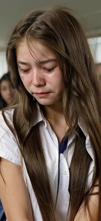 Long hair girl, crying, insjde school 
