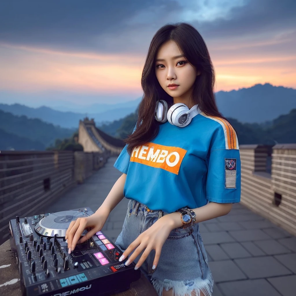 seorang gadis cantik Asia, menggunakan baju bewarna rembo celana jeans pendek sepatu putih, sambil memegang alat dj .latar belakang dingin tembok besar China,