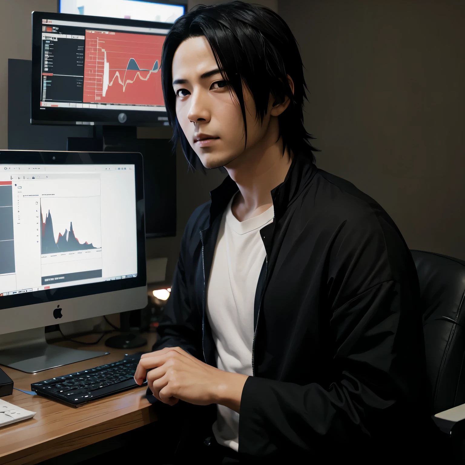 Uchiha Sasuke with background computer trading analyst