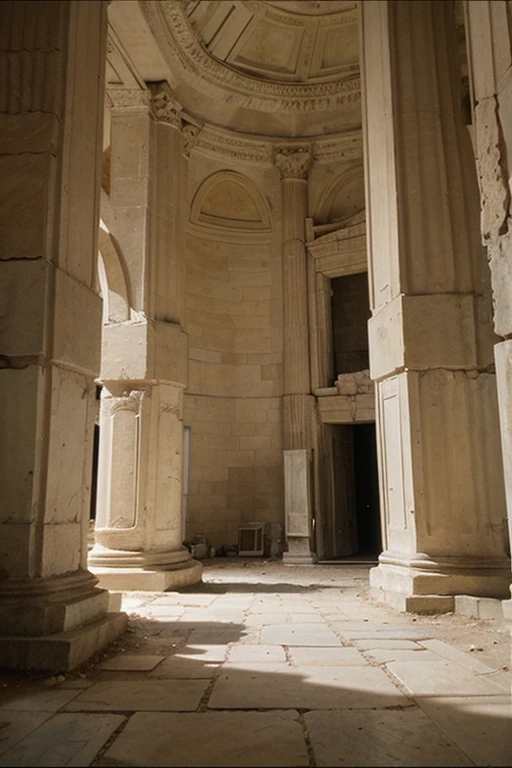 Oil painting showing the interior of an ancient Greek temple, en son centre plusieurs philosophe débatte