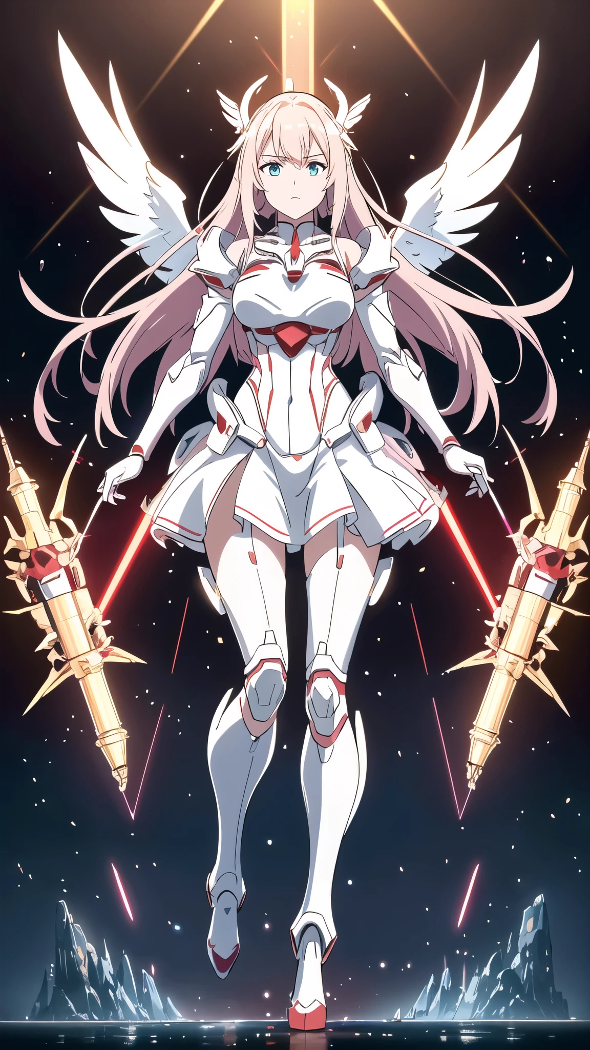 a beauty girl，red color mecha，As graceful as a swan，Enchanting，long  white hair，Red body，fluorescent line，White hands，Lab Room，future-tech，Red indicator light on the body，Full body photo，standing on your feet，dreamy scenes，，dyna，super detailing，celshaded，8K detail post-processing，magnifica，hyper photorealism，8K，Epic composition，Complicated details，unreal-engine，Flying，Laser cannon，Holy Angel Mecha，Mechanical exoskeleton，whaite hair，Golden pupils，flower  sea，eventide，Angel Maiden，Angel wings，a white long skirt，combats，Combat posture