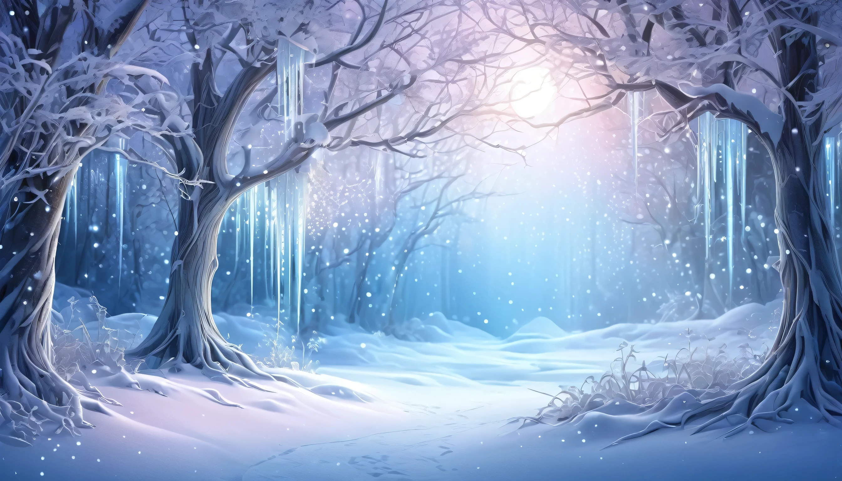 Enchanted winter forest scene, inspired by Romanticism, soft pastel colors, dreamlike atmosphere, snow-covered trees, hidden fairies, sparkling icicles, moonlight filtering through branches, mystical ambiance, ethereal glow, detailed illustration style