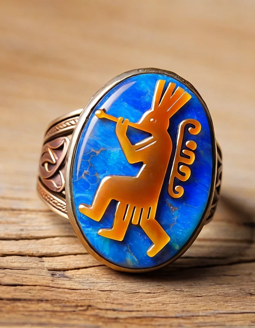 Kokopelli, the god of rain playing the flute, a minimalist ring design，The body is an oval opal stone，Indian totem rain god Kokopelli，Indian elements，The matching stones are small amounts of lapis lazuli and turquoise，Coffee color，Orange，Clams，feather，gem，Retro，Old，Soft Light