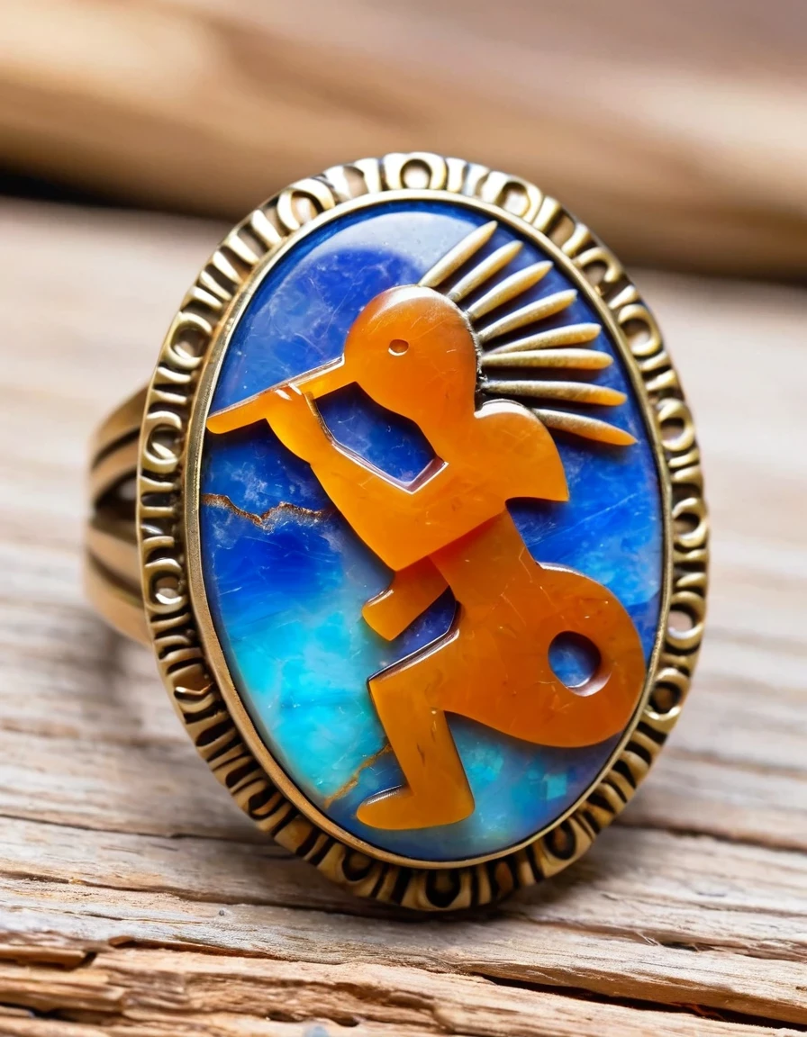 Kokopelli, the god of rain playing the flute, a minimalist ring design,The body is an oval opal stone,Indian totem rain god Kokopelli,Indian elements,The matching stones are small amounts of lapis lazuli and turquoise,Coffee color,Orange,Clams,feather,gem,Retro,Old,Soft Light