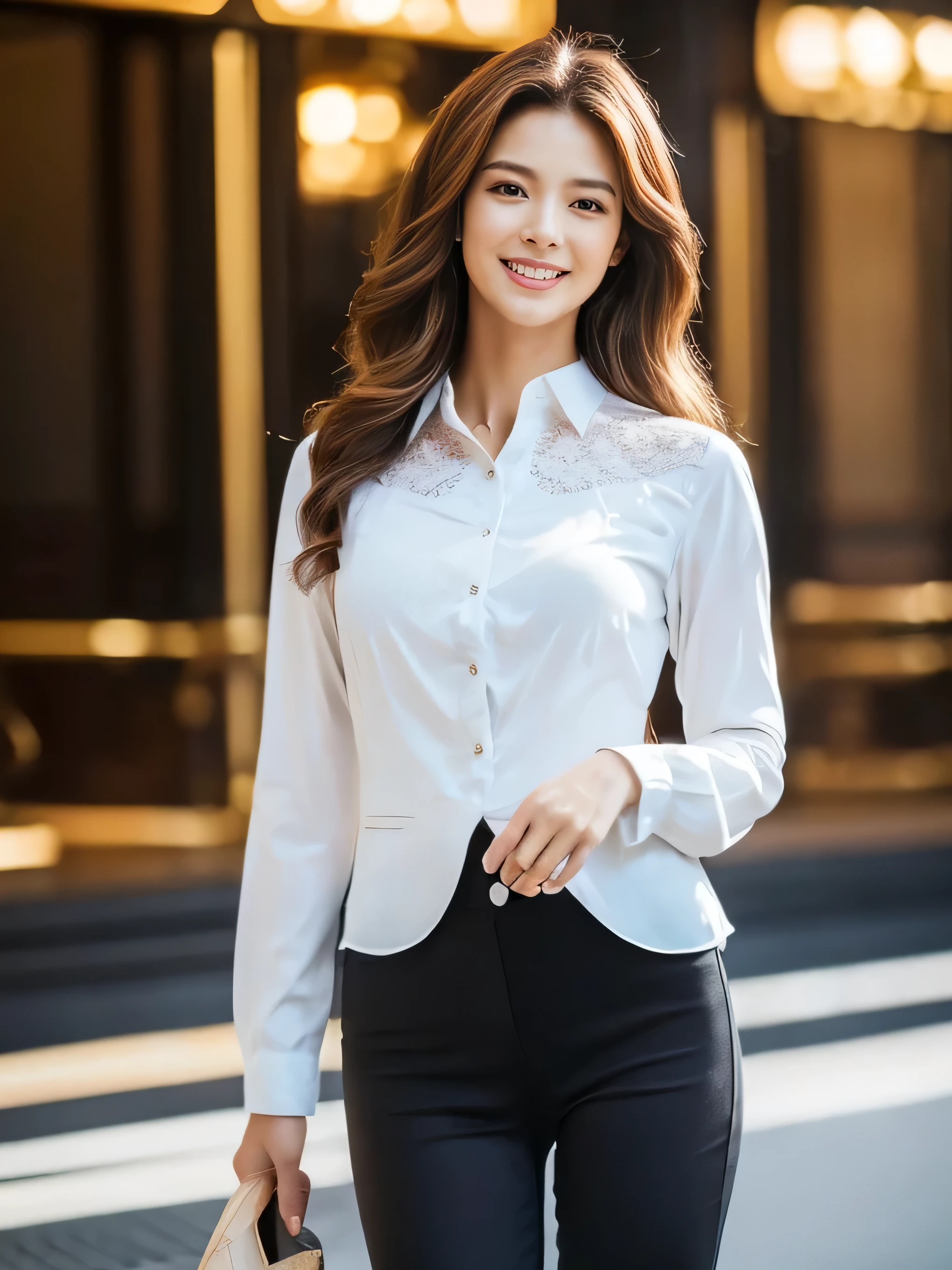 ((highest quality, 8k, masterpiece: 1.3)), 1 girl, smile, whole body, Slim face, Beautiful woman,Loosely inward wavy hair,Medium dark brown hair, White crisp shirt at upper body, The upper body is black straight suit pants, High heels, Highly detailed face, Fine grain, double eyelid, Blurred Background, Slim face, skyscraper, ((full figure supermodel standing, entire body in frame:1.4)、smoking a cigarette,cigarrete in mouth、
