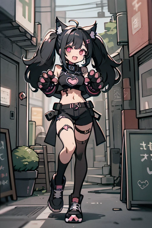 2D,solo,1woman\(cute,kawaii,evil smile,floating hair,messy hair,(black hair:1.2),long hair,twin tails hair,pale skin,skin color blue,red eyes,eyes shining,big eyes,(ripped clothes:1.5),tight tube top,(breast:1.4),tight hot pants,(dynamic pose:1.6),(stomach shown:1.4),(punk fashion:1.4),fluffy black cat-ear,(dynamic pose:1.4),bare hands,(anatomically correct hands:1.6),5fingers each hand,open mouth\), BREAK ,background\(outside,noisy city,backstreet,narrow street,(dark:2.0),neon lights\),[chibi],[nsfw:2.0],quality\(8k,wallpaper of extremely detailed CG unit, ​masterpiece,hight resolution,top-quality,top-quality real texture skin,hyper realisitic,increase the resolution,RAW photos,best qualtiy,highly detailed,the wallpaper/)