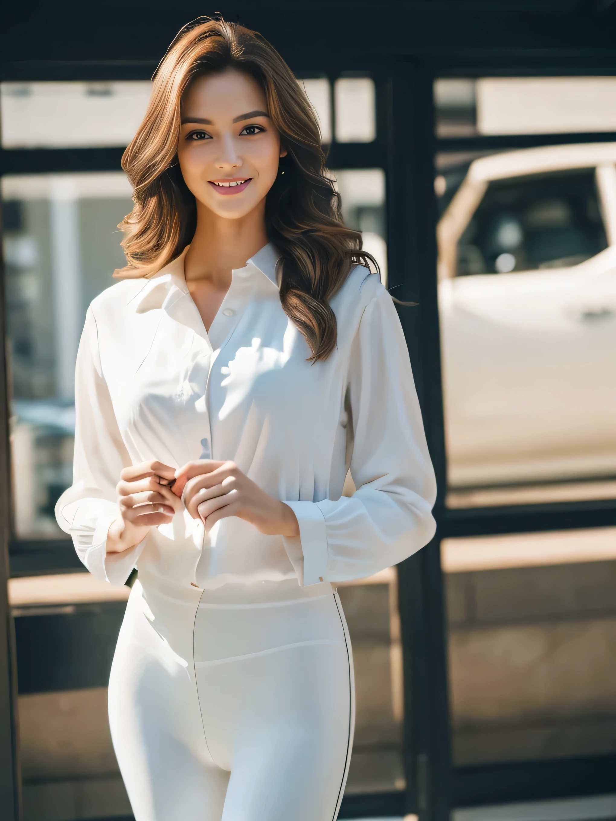 ((highest quality, 8k, masterpiece: 1.3)), 1 girl, smile, whole body, Slim face, Beautiful woman,Loosely inward wavy hair，Medium dark brown hair, White crisp shirt at upper body, The upper body is black straight suit pants, High heels, Highly detailed face, Fine grain, double eyelid, Blurred Background, Slim face, skyscraper, ((full figure supermodel standing, entire body in frame:1.4)、smoking a cigarette,cigarrete in mouth、