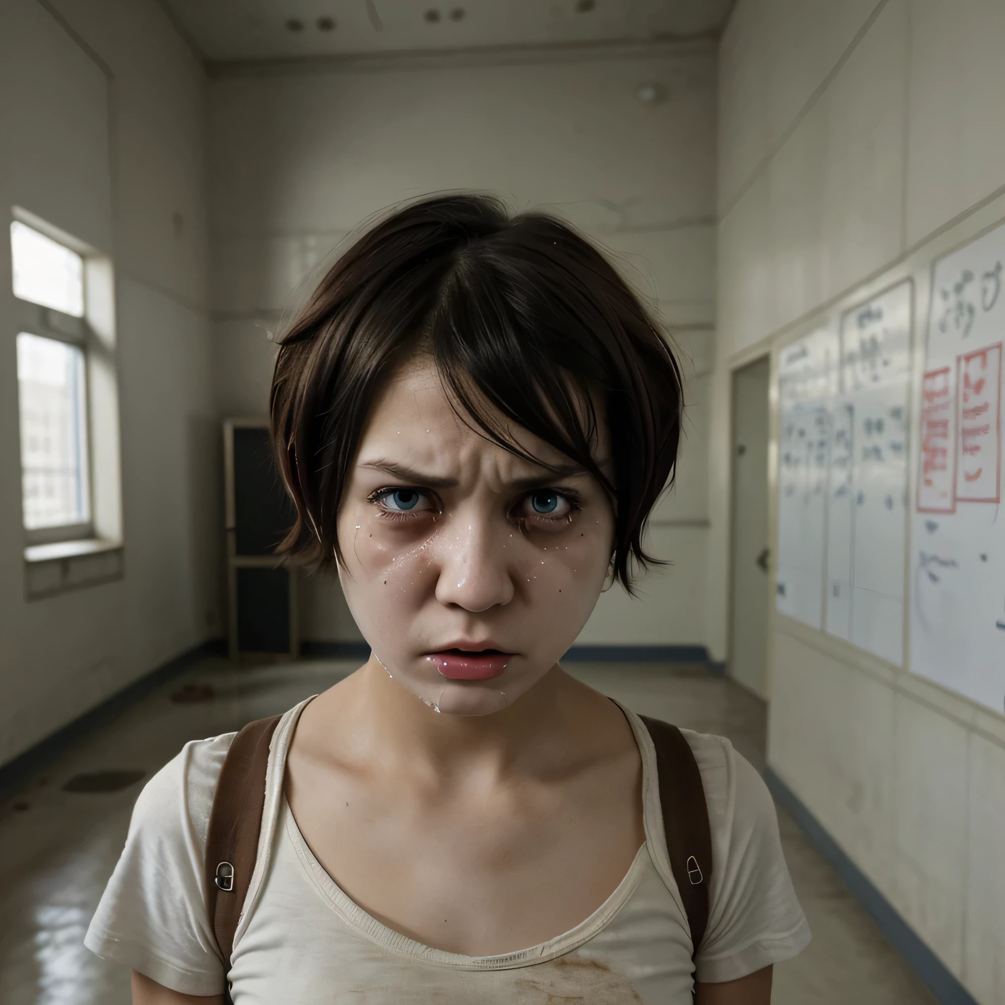 Short hair girl, angry, mad, holding tears, inside school