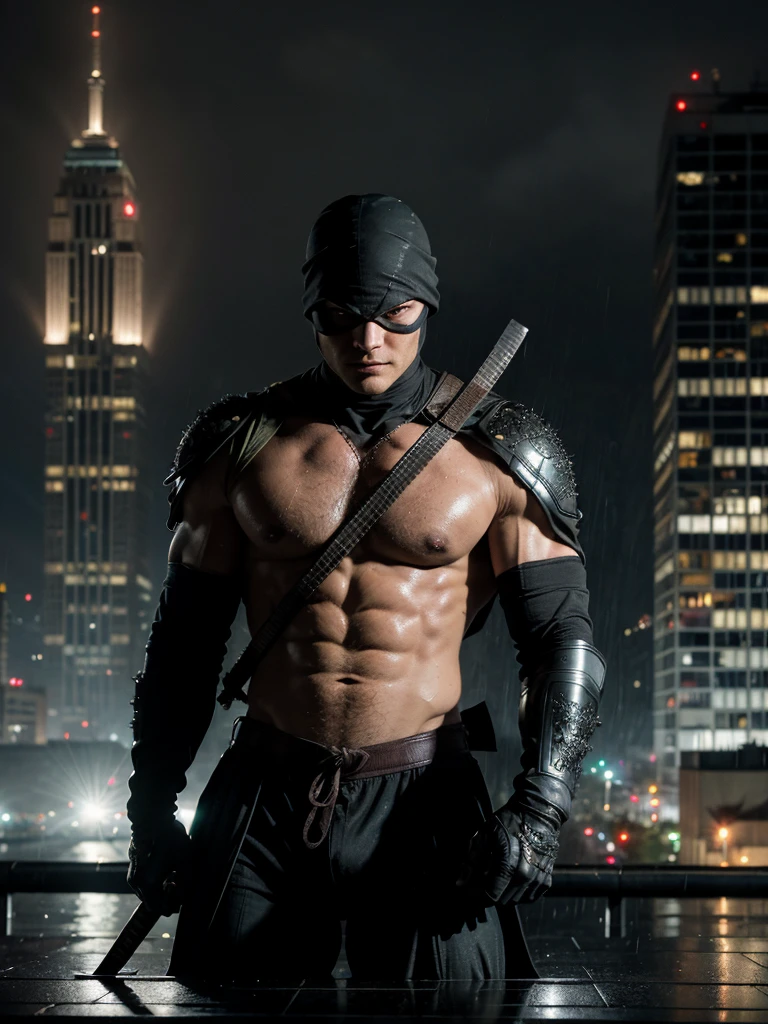 (best quality, masterpiece, high resolution: 1.2), raw photo, comic style, ninja turtles, portrait, Raphael, in the rain, on the roof of a skyscraper, stern look, pouring rain, (night), dramatic light, (intricate details)