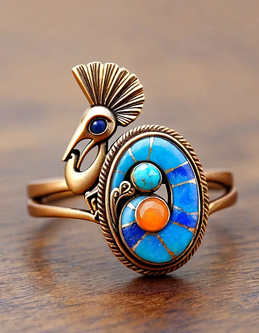 Kokopelli playing the flute holds an oval double opal stone minimalist abstract ring design，Indian elements，The matching stones are small amounts of lapis lazuli and turquoise，Coffee color，Orange，Clams，feather，gem，Retro，Old，Soft Light